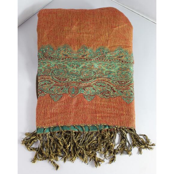 Sakkas Pashmina 72" x 28" reversable aqua/green orange fringe boho - Picture 1 of 9